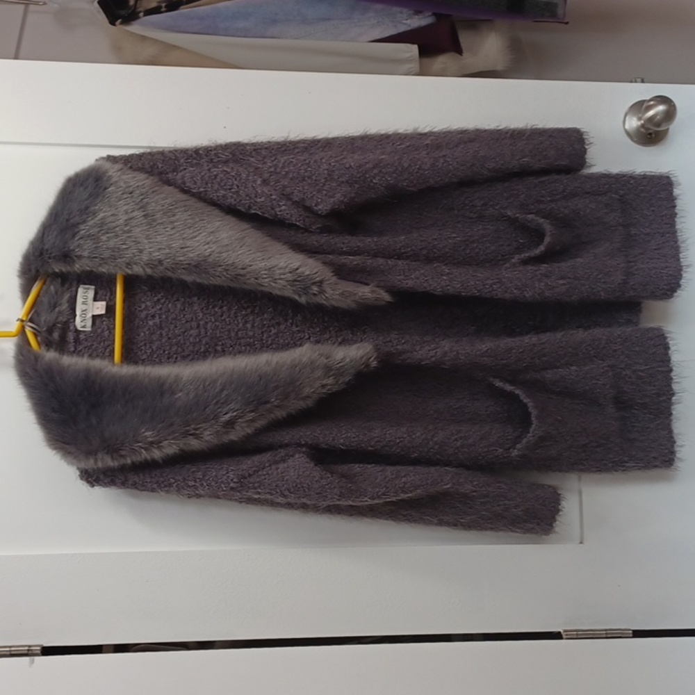 Gray Knit Long Cardigan Eyelash Sweater with Faux Fur Collar, Elegant, Small